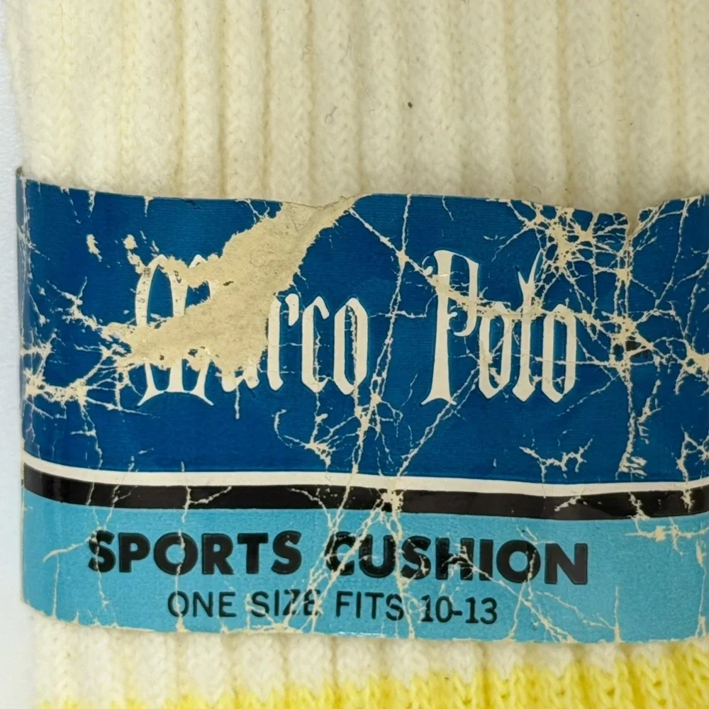 Vintage 80s Marco Polo Sz 10-13 Athletic Tube Socks White w Blue Yellow Stripes